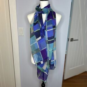 Designer scarf. Chiffon 100% silk. Blues/purple/teal. Lightweight. Beautiful